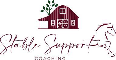 Stable Support Coaching logo with maroon barn, horse outline, and script text on white background