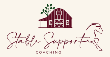 Logo for Stable Support Coaching with maroon barn, green leaves, and horse outline on cream background