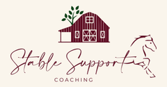 Logo for Stable Support Coaching with maroon barn, green leaves, and horse outline on cream background