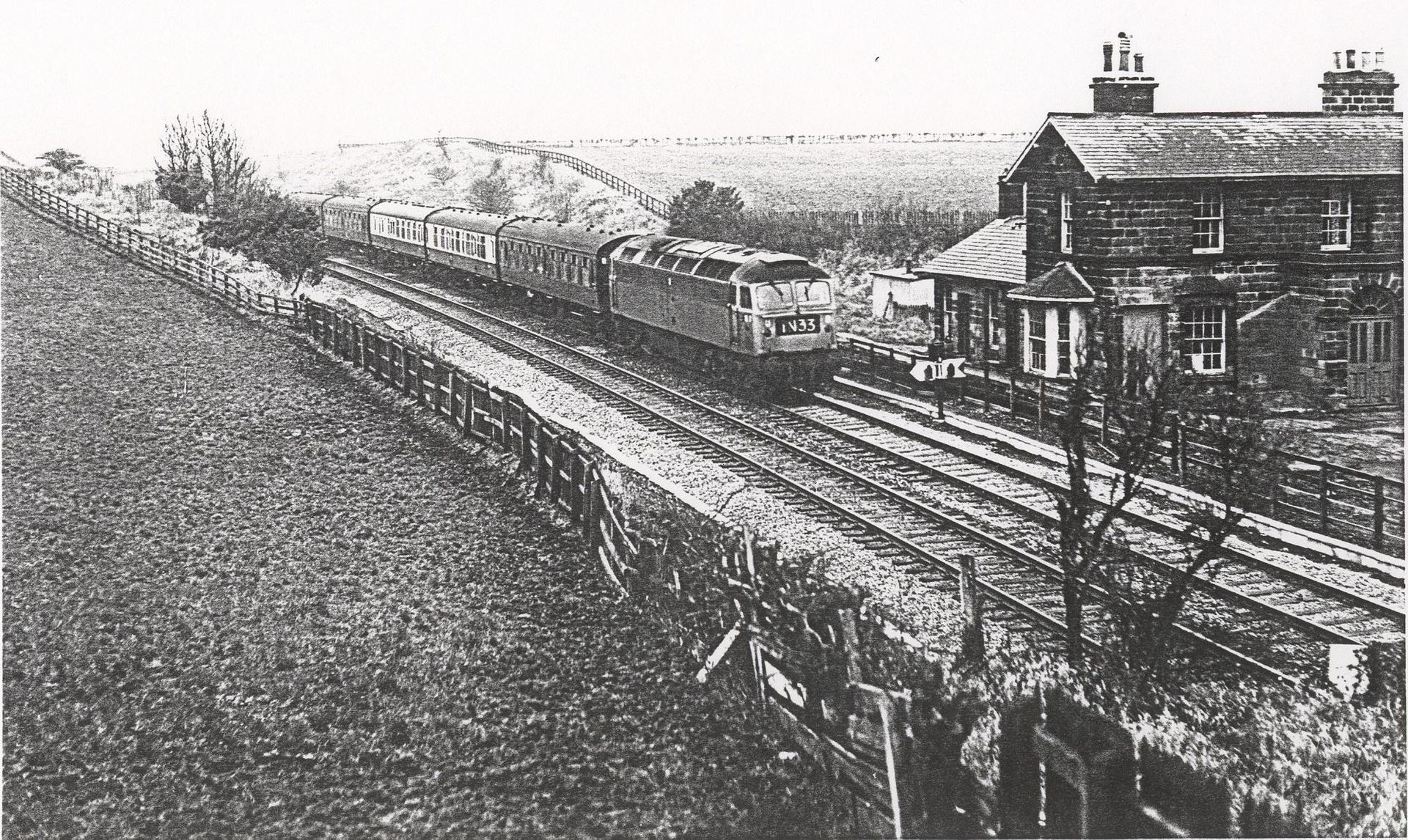 Shincliffe Station Buildings, and Northbound passenger train, 1968. Note the Signal Box has been demolished.
