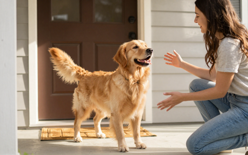 A happy golden retriever greeting their owner after completing their dog training program.