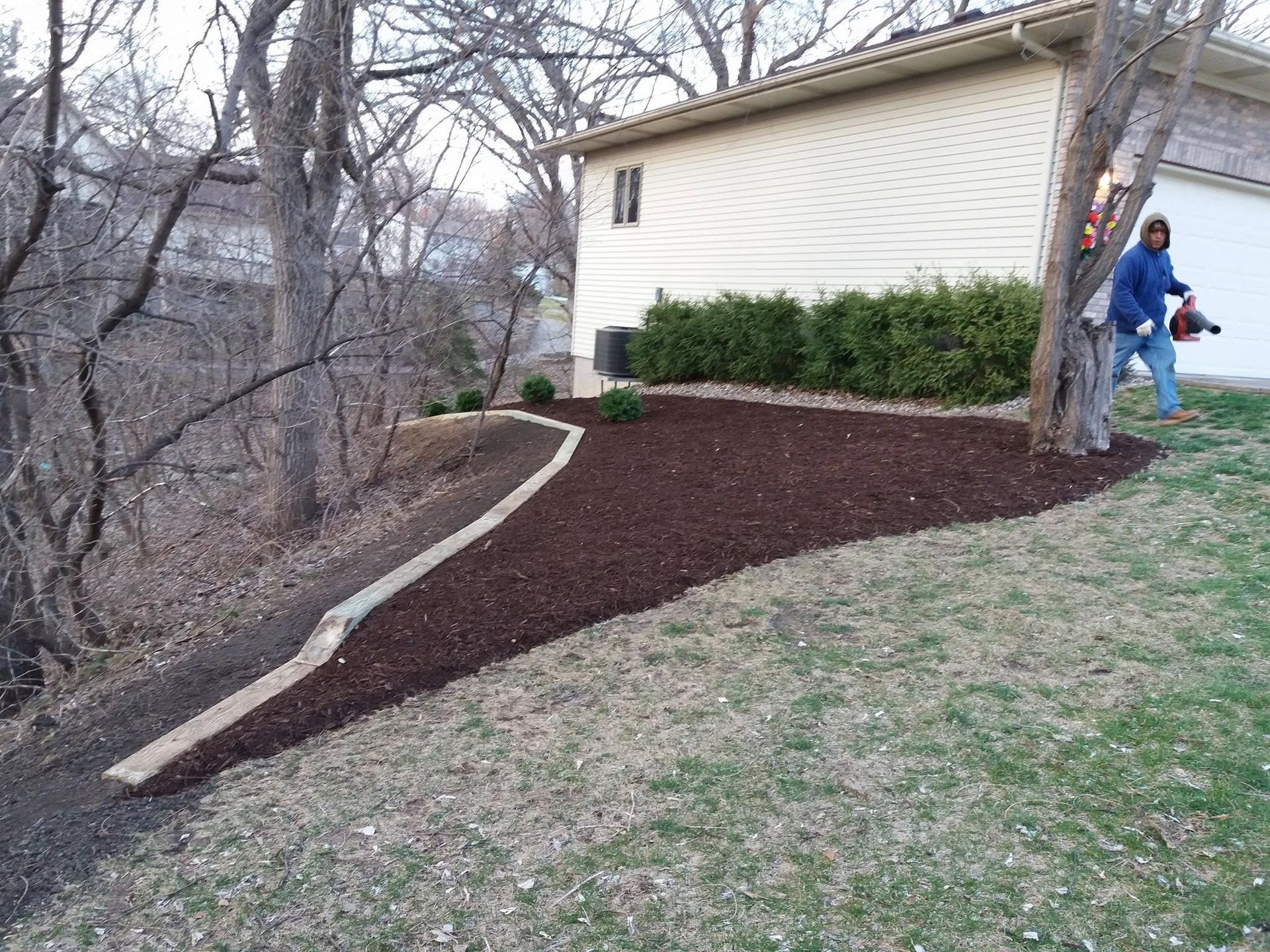 Mulched sloped yard beside a house, with a person walking near a tree and wooded area nearby