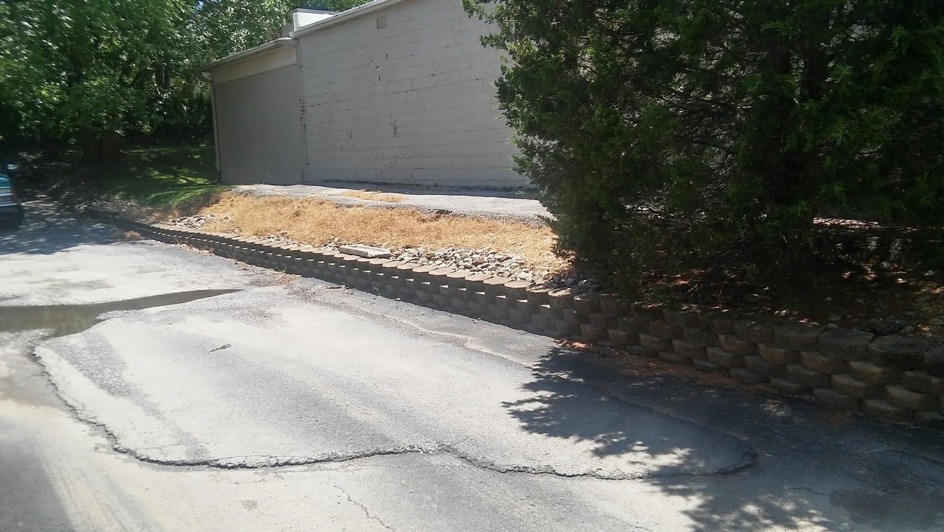 Cracked paved driveway beside a tan wall, with trees and shadows along the edge