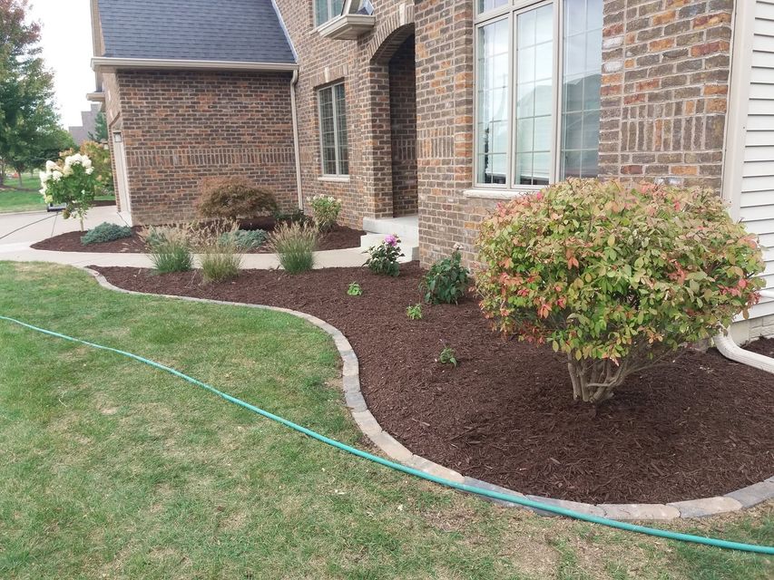 Front yard landscaping with curved stone edging, shrubs, mulch, brick house, and a green hose on the lawn