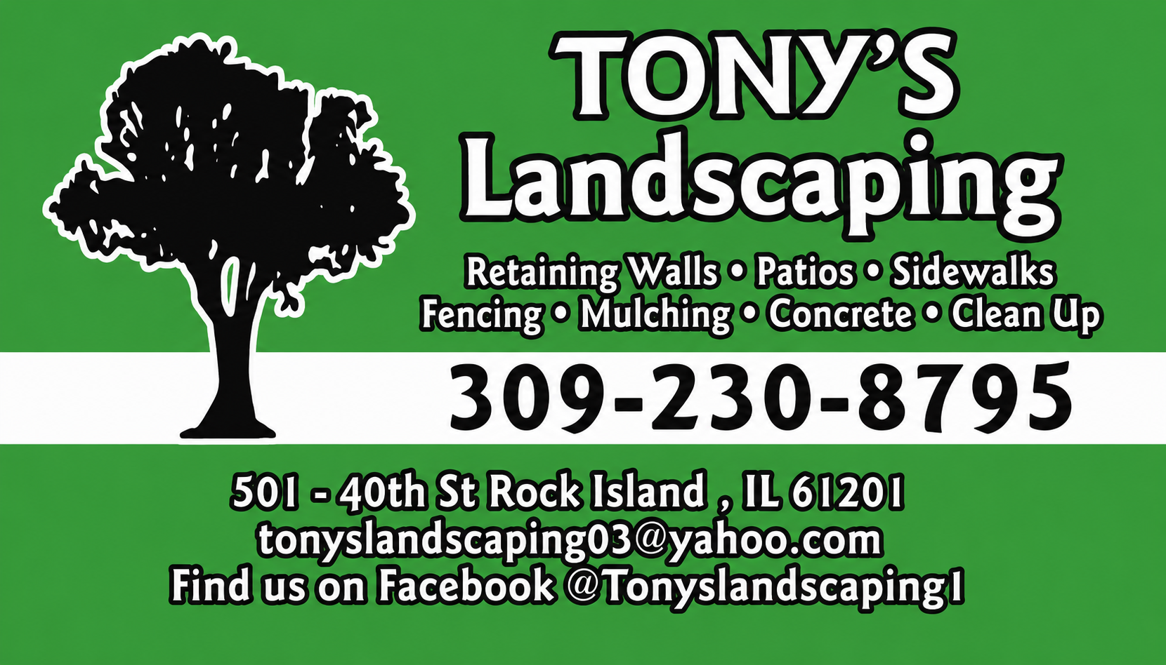 Tony’s Landscaping ad with tree logo, green background, phone number, and Rock Island, IL contact info