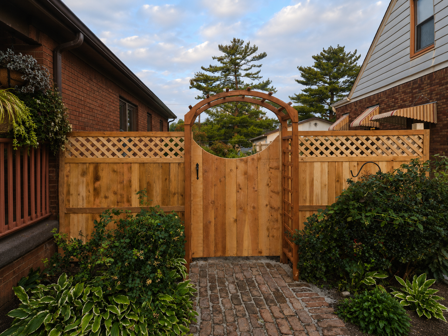 Wooden garden gate with circular trellis, framed by brick houses and a cobblestone path under a cloudy sky