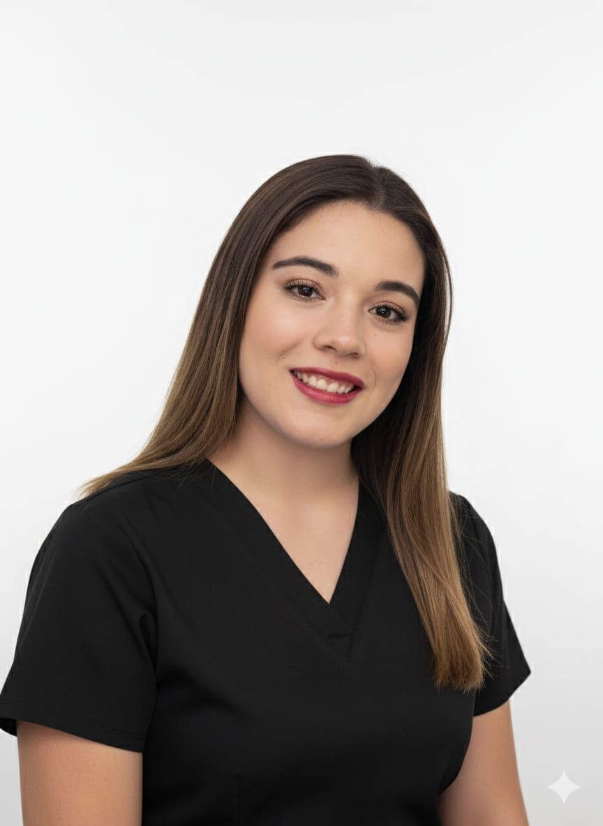 Mujer con uniforme negro, sonriente, con cabello largo y castaño, sobre un fondo blanco.
