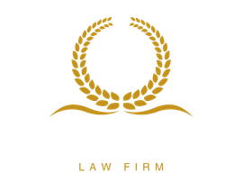 A logo for the harrold law firm with a scale of justice on a blue background.