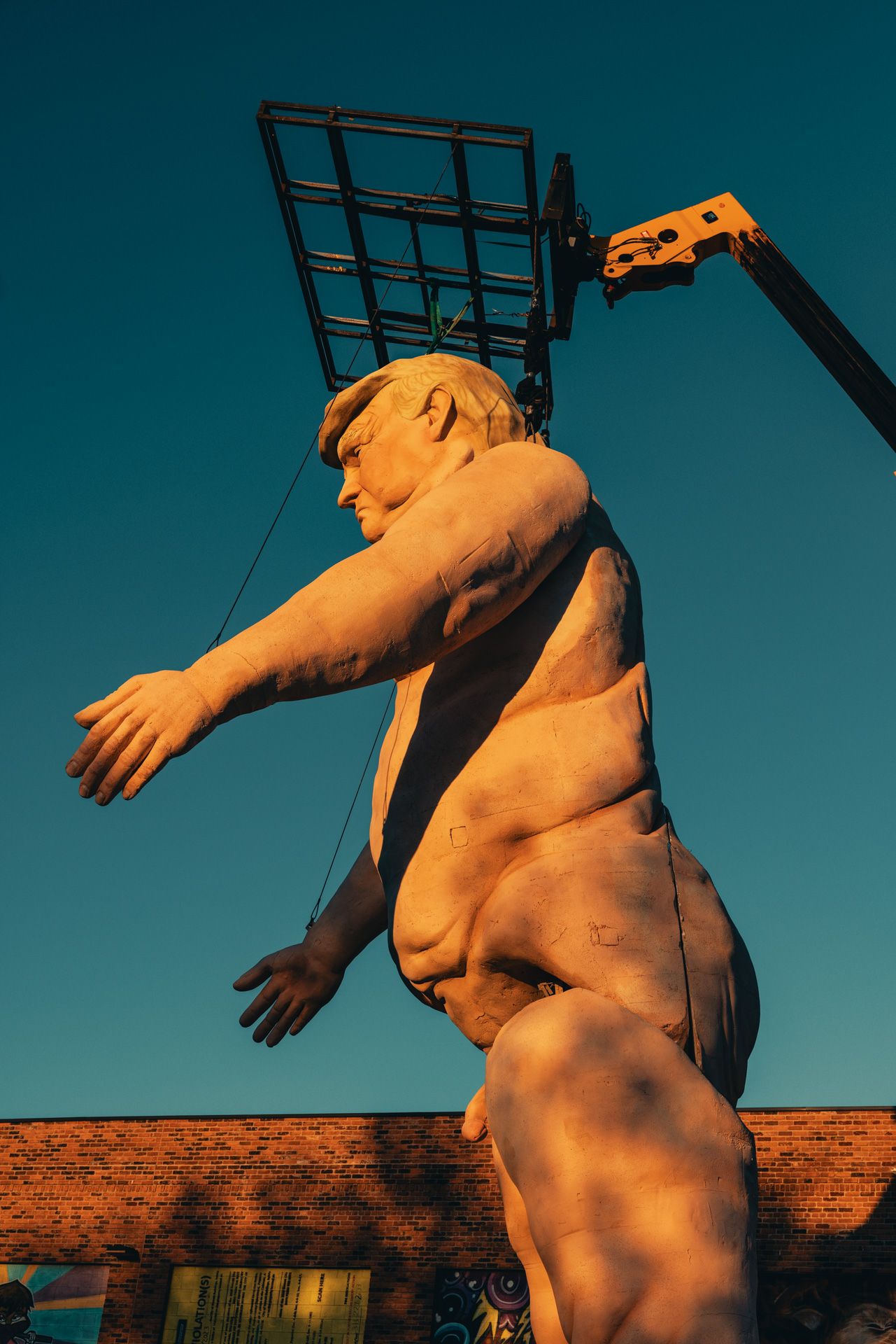 Image of a 43-foot tall sculpture of failed president Donald Trump depicted as a marionette, taken at sunset in Detroit
