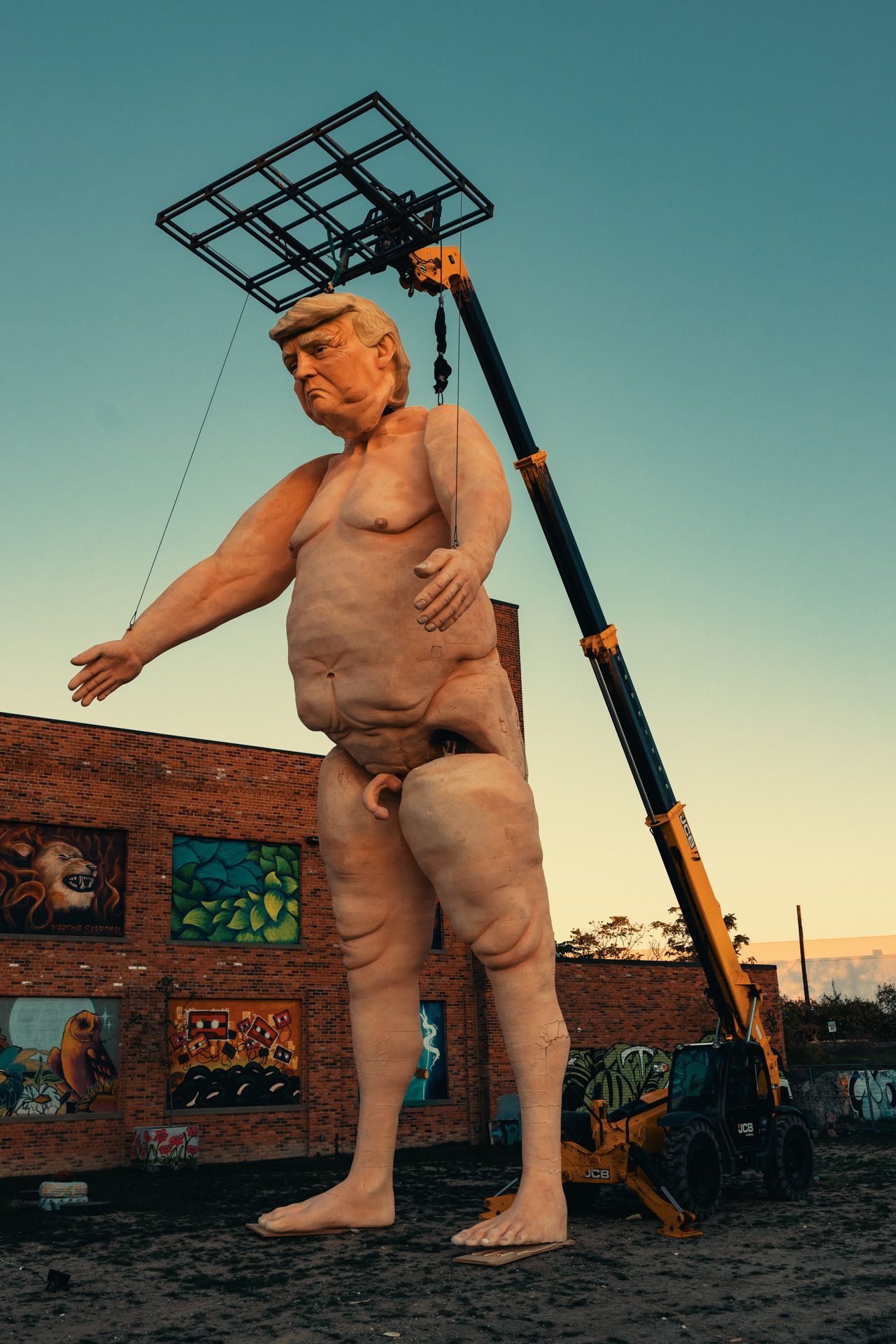 Image of a 43-foot tall sculpture of failed president Donald Trump depicted as a marionette, taken at sunset in Detroit