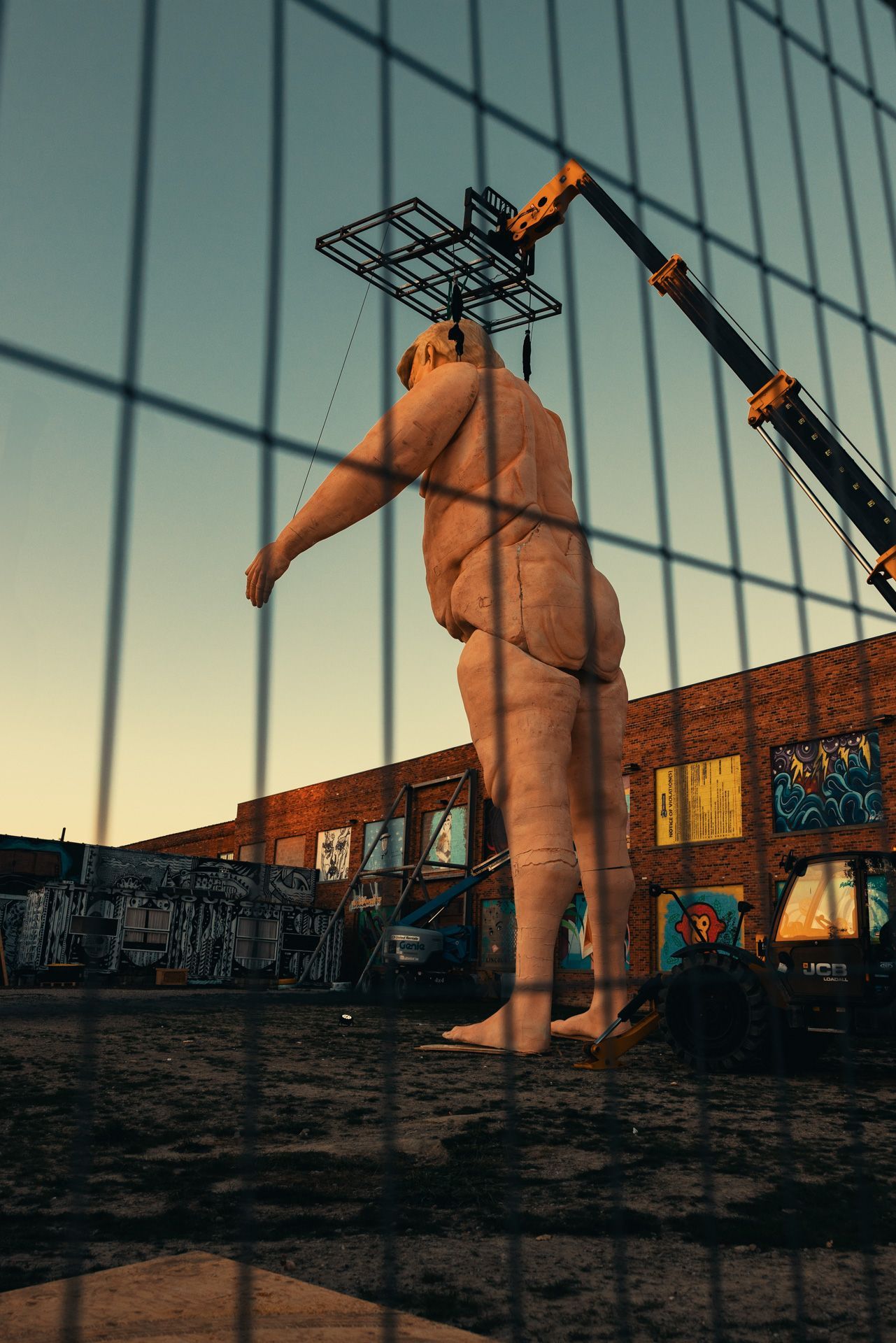 Image of a 43-foot tall sculpture of failed president Donald Trump depicted as a marionette, taken at sunset in Detroit
