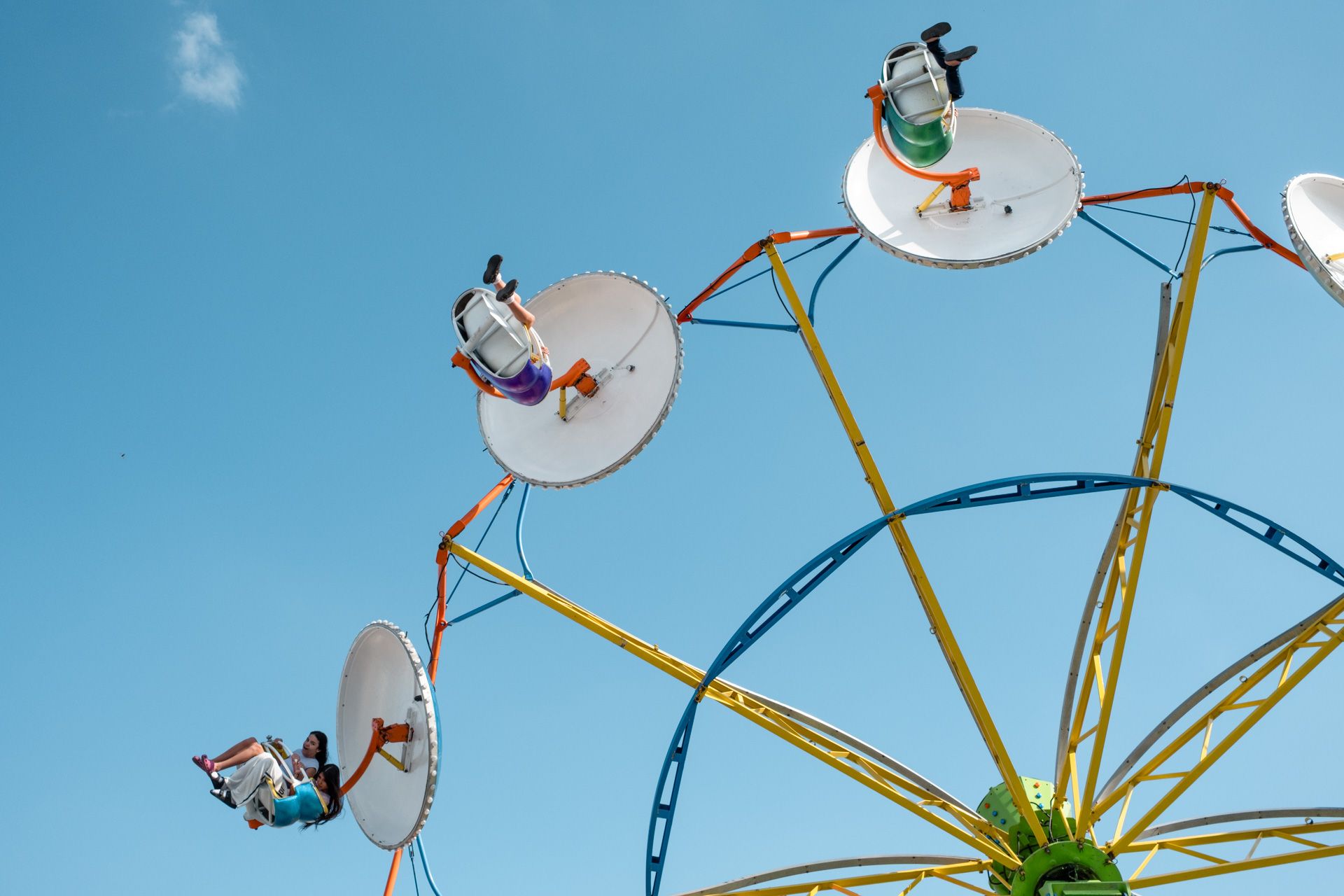 looking up at a carnival ride against a clear blue sky in Detroit, mi