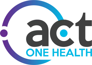 The logo for act one health is blue and black