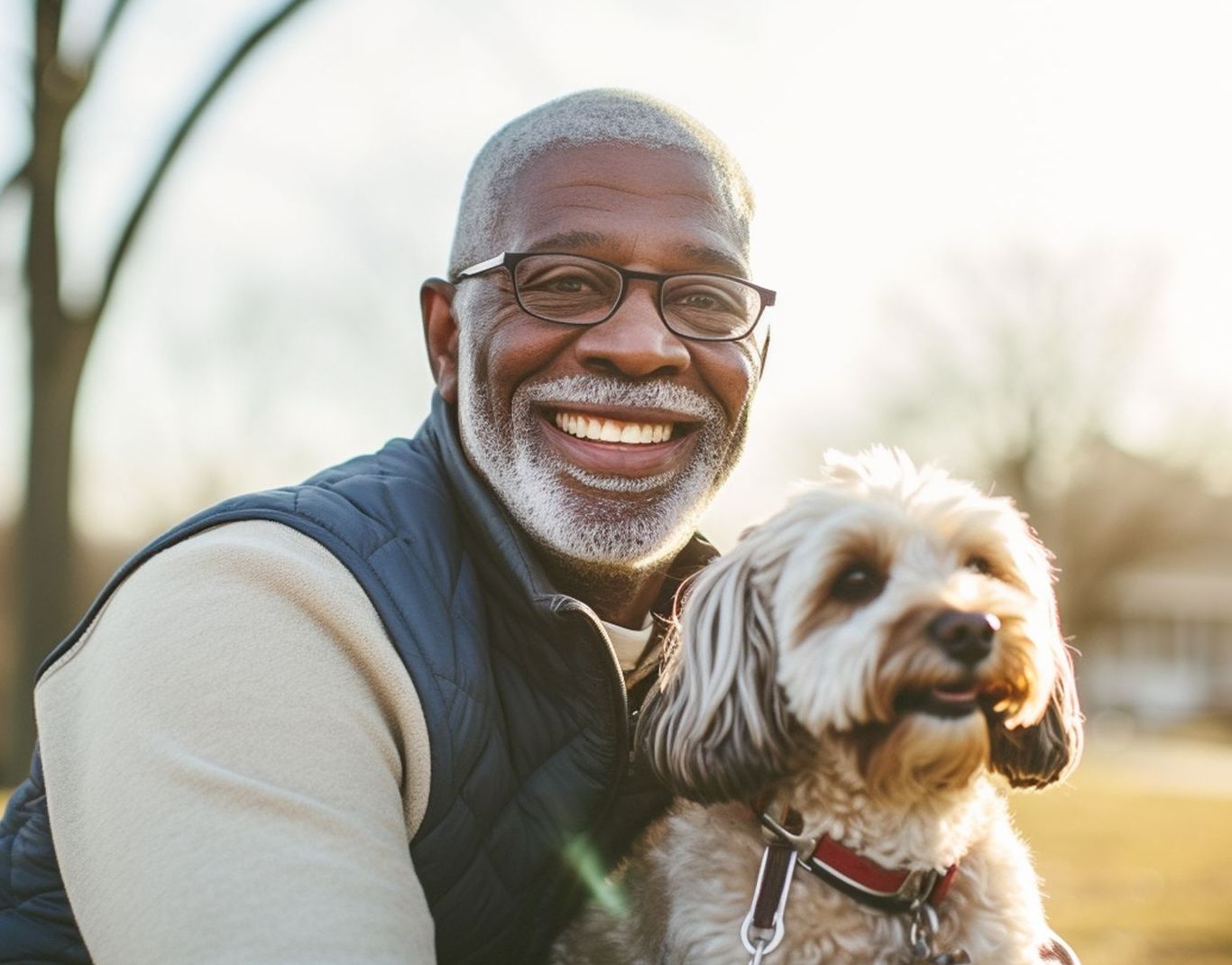 A man is holding a small dog in his arms and smiling.