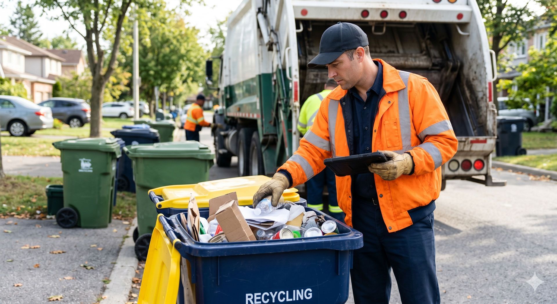 Garbage worker sorting recycling bins beside a truck on a residential street