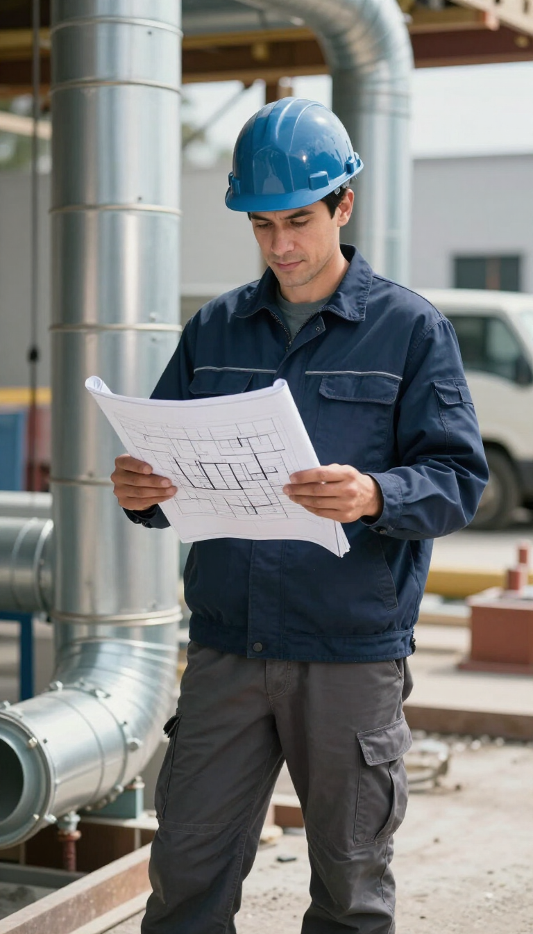 HVAC technician reviewing plans on job site
