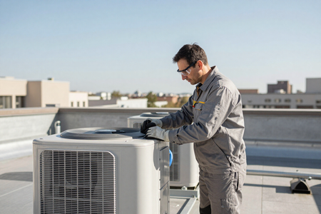 HVAC technician servicing rooftop unit