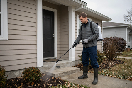 Pest control technician spraying around home foundation
