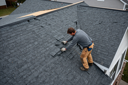 Roofer installing shingles on residential roof