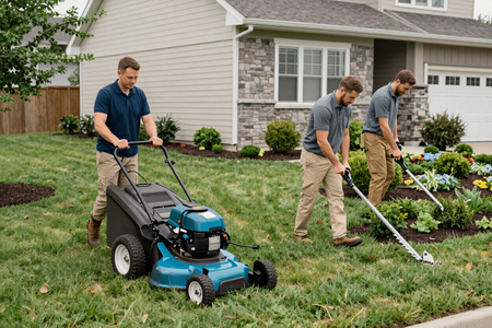 Landscaping crew mowing and edging suburban lawn