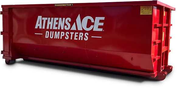 Red Athens Ace dumpster with white logo on a white background