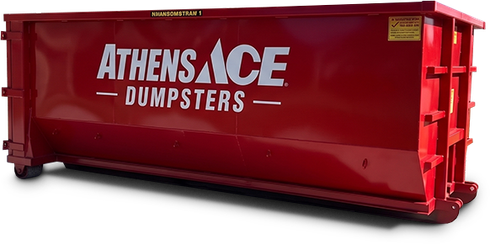 Red Athens ACE dumpster with white lettering on a white background