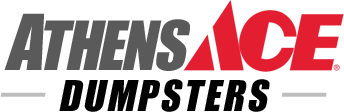 Athens Ace Dumpsters logo with black and red text on a white background