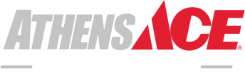 Athens Ace Dumpsters logo in gray and red on a dark background