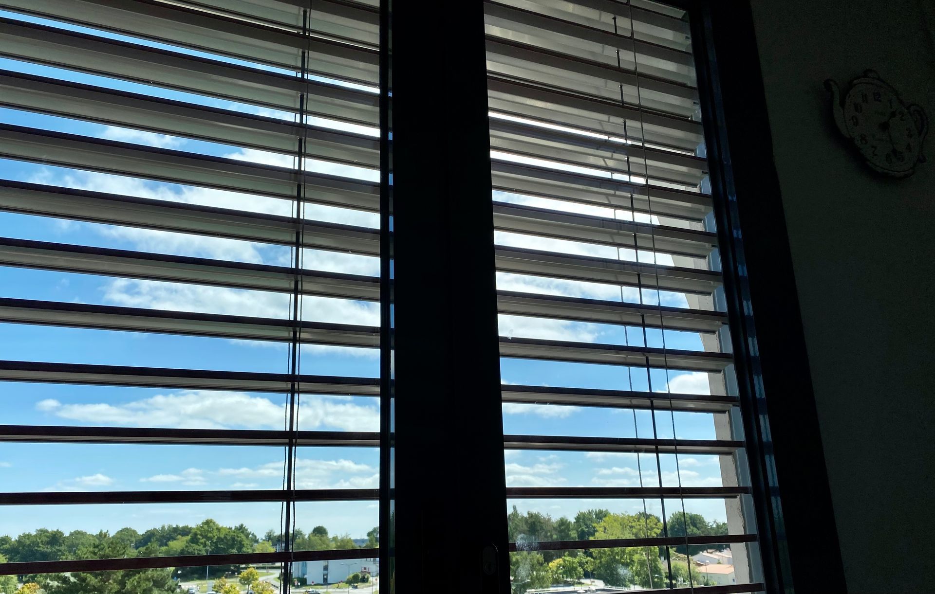 Vue extérieure à travers les stores ouverts : ciel bleu, arbres et bâtiments visibles.