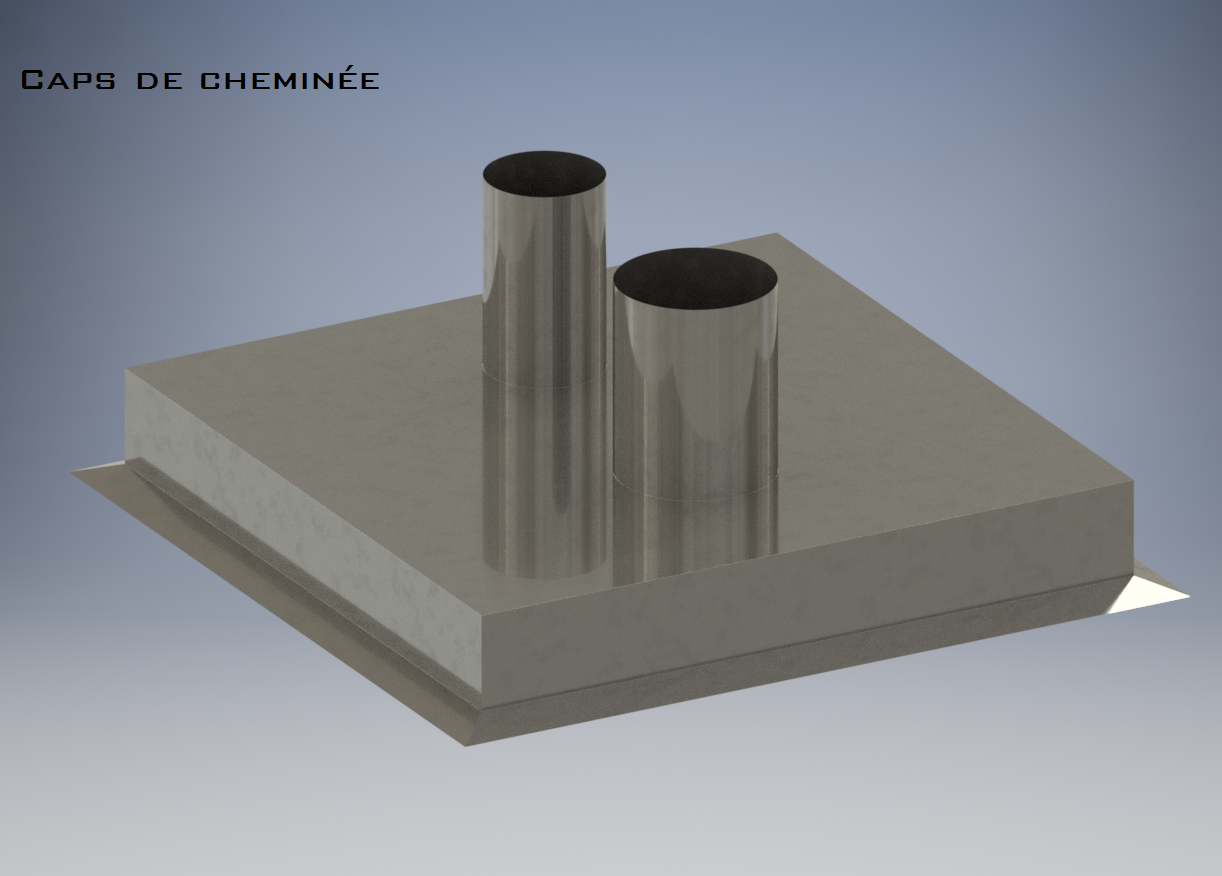 Un modèle 3D d'un carré gris surmonté de deux tuyaux métalliques