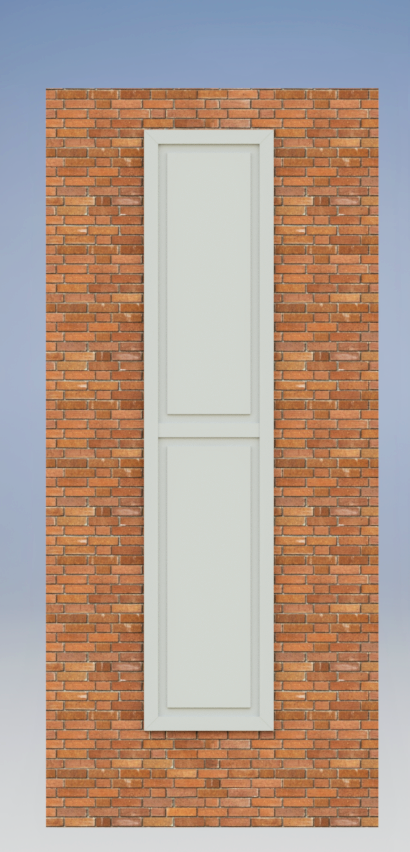 Une porte blanche est accrochée à un mur de briques.