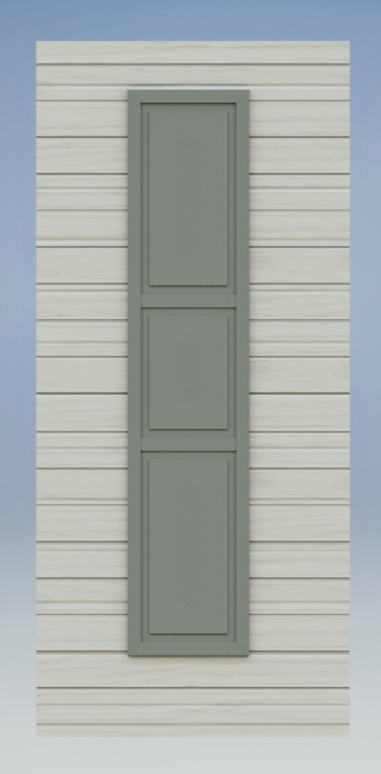 Un volet gris se trouve sur un parement blanc d'une maison.