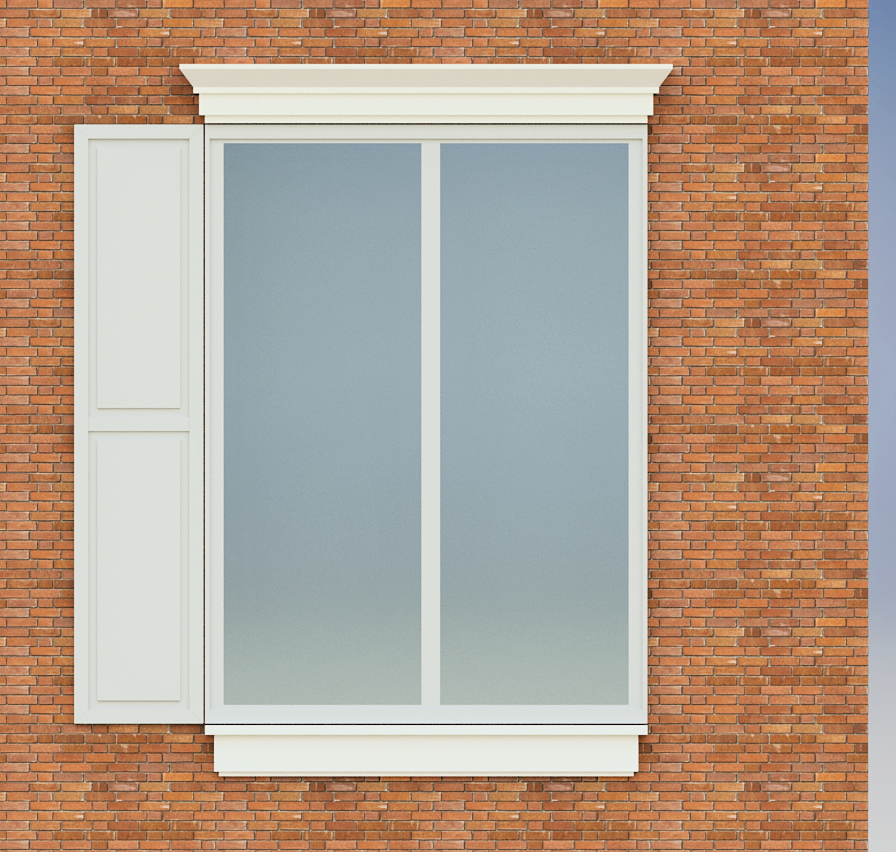 Une fenêtre blanche avec des volets sur un mur de briques