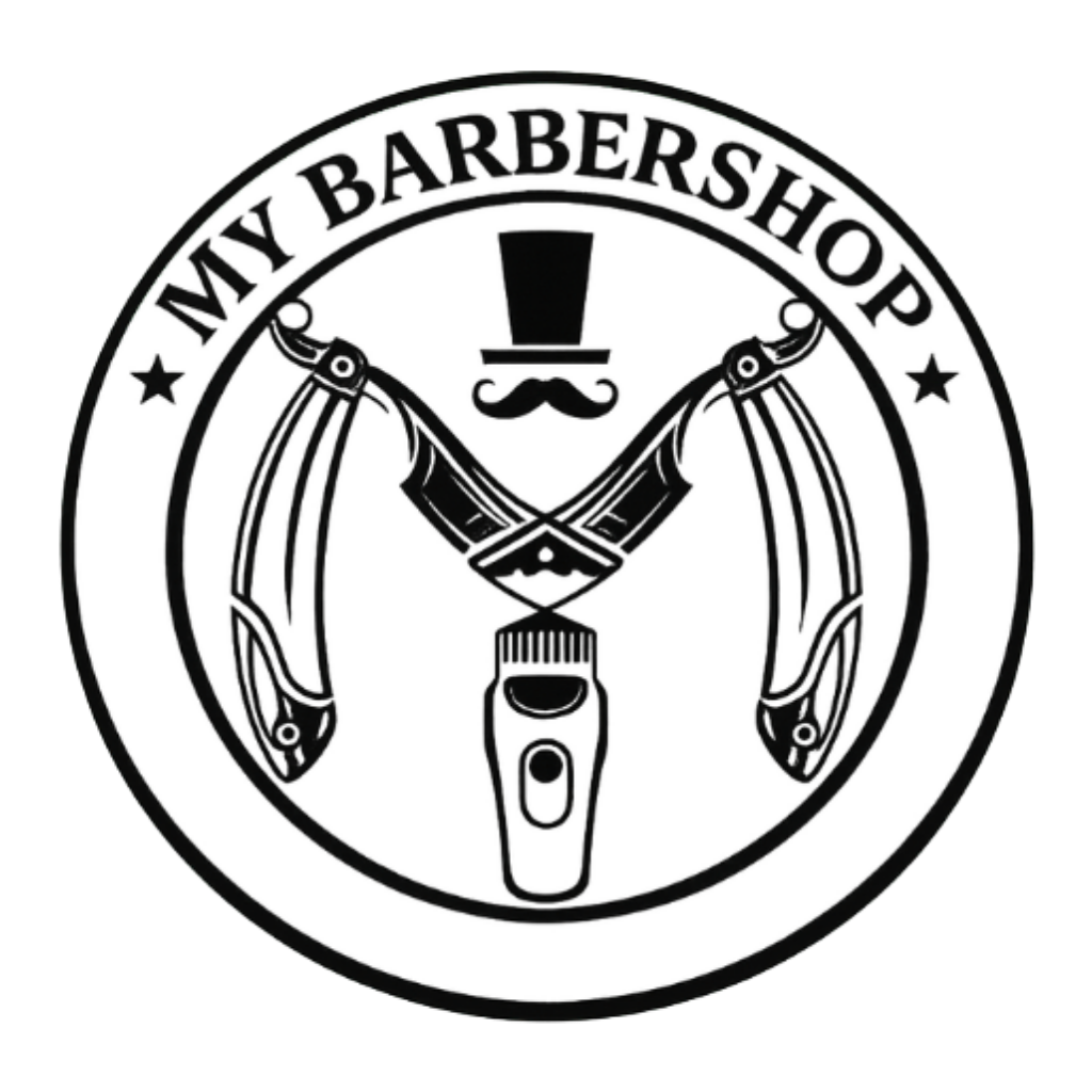 Logo for "My Barbershop": a barber's tools (razors, clippers) with a top hat, mustache, and circle outline.