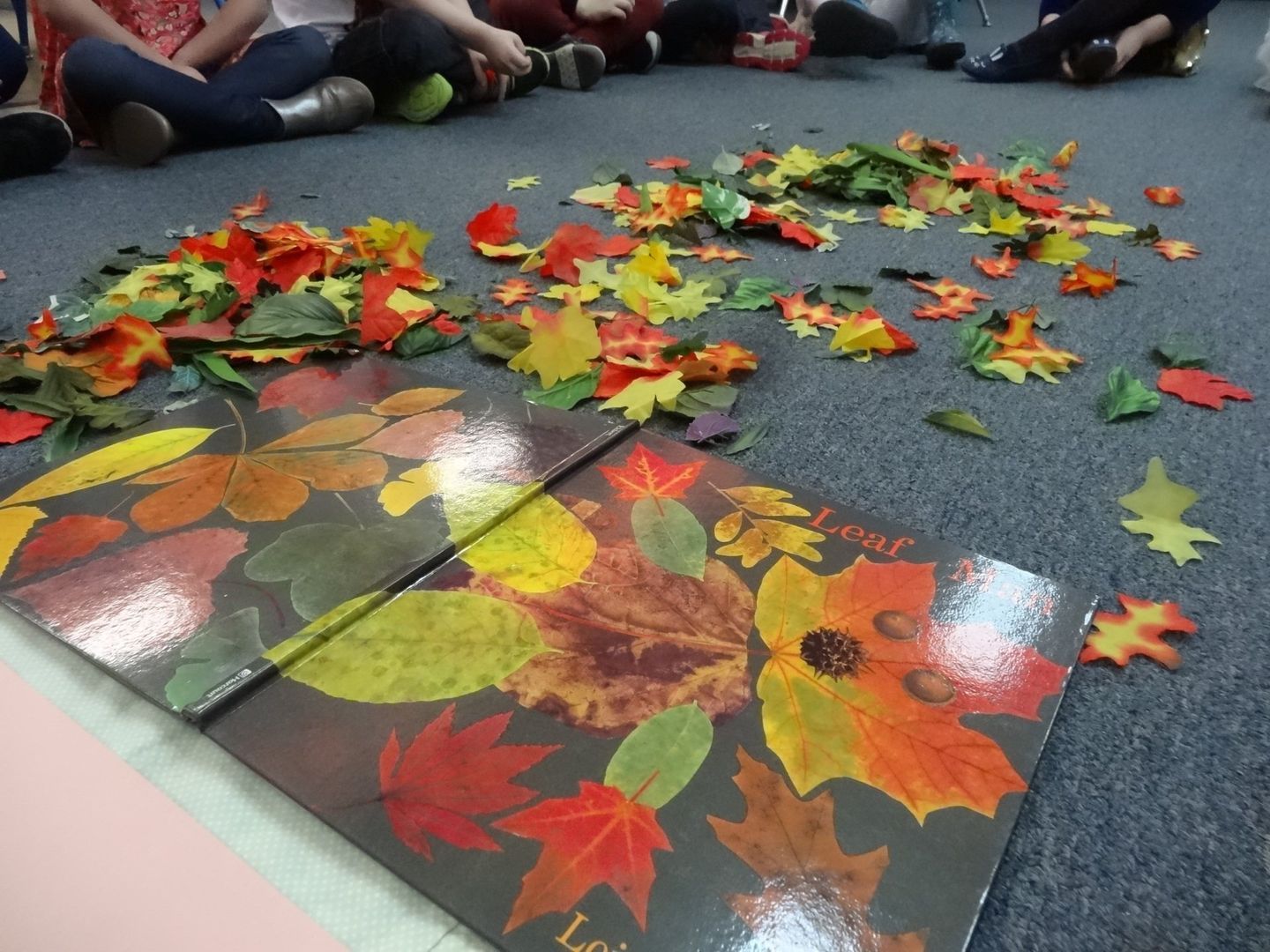 Leaves scattered on floor with people, book on leaves