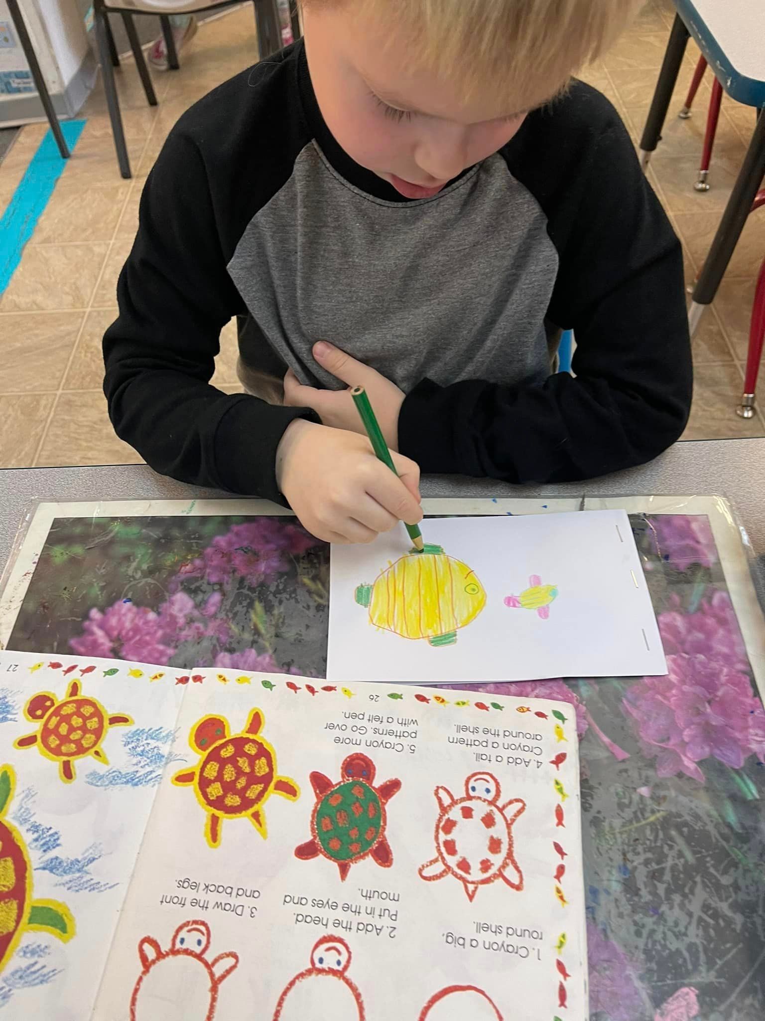 Boy drawing turtles with a green pencil