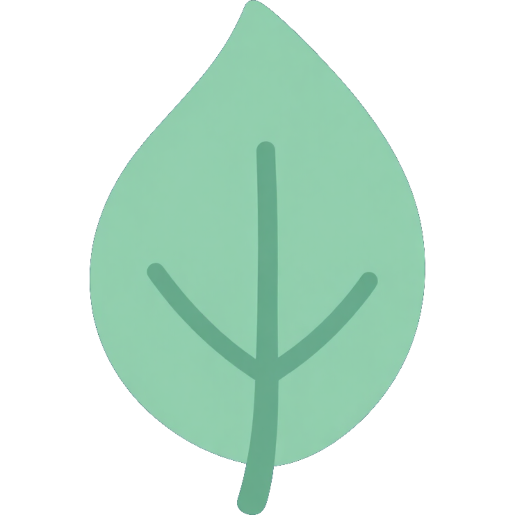 Icono de hoja verde con un tallo sencillo y nervaduras sobre un fondo blanco