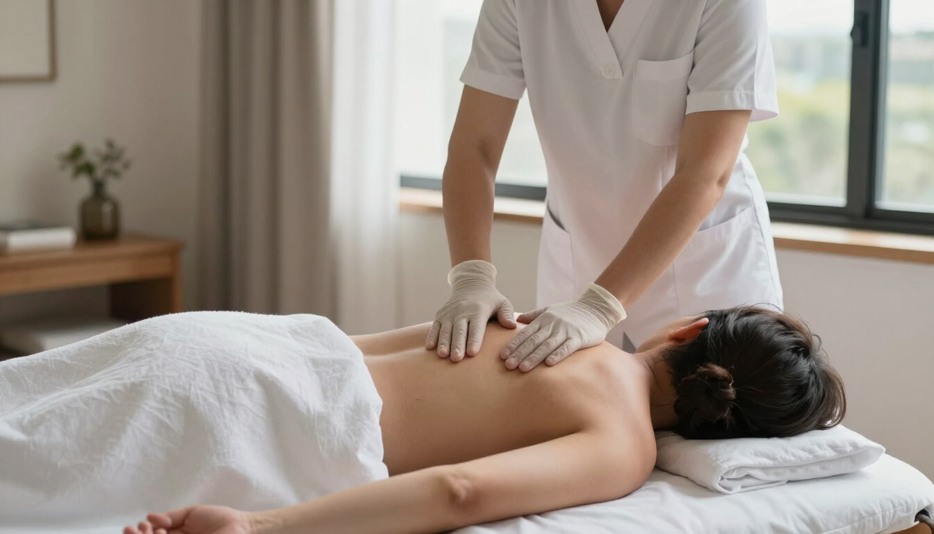 Masajista dando un masaje de espalda a un cliente en una camilla en una luminosa sala de spa