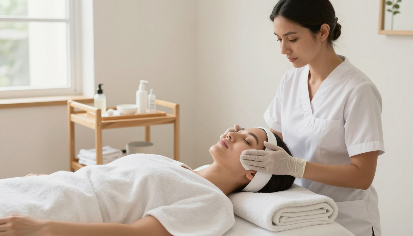 Masajista realizando un tratamiento facial a un cliente en una sala de spa luminosa