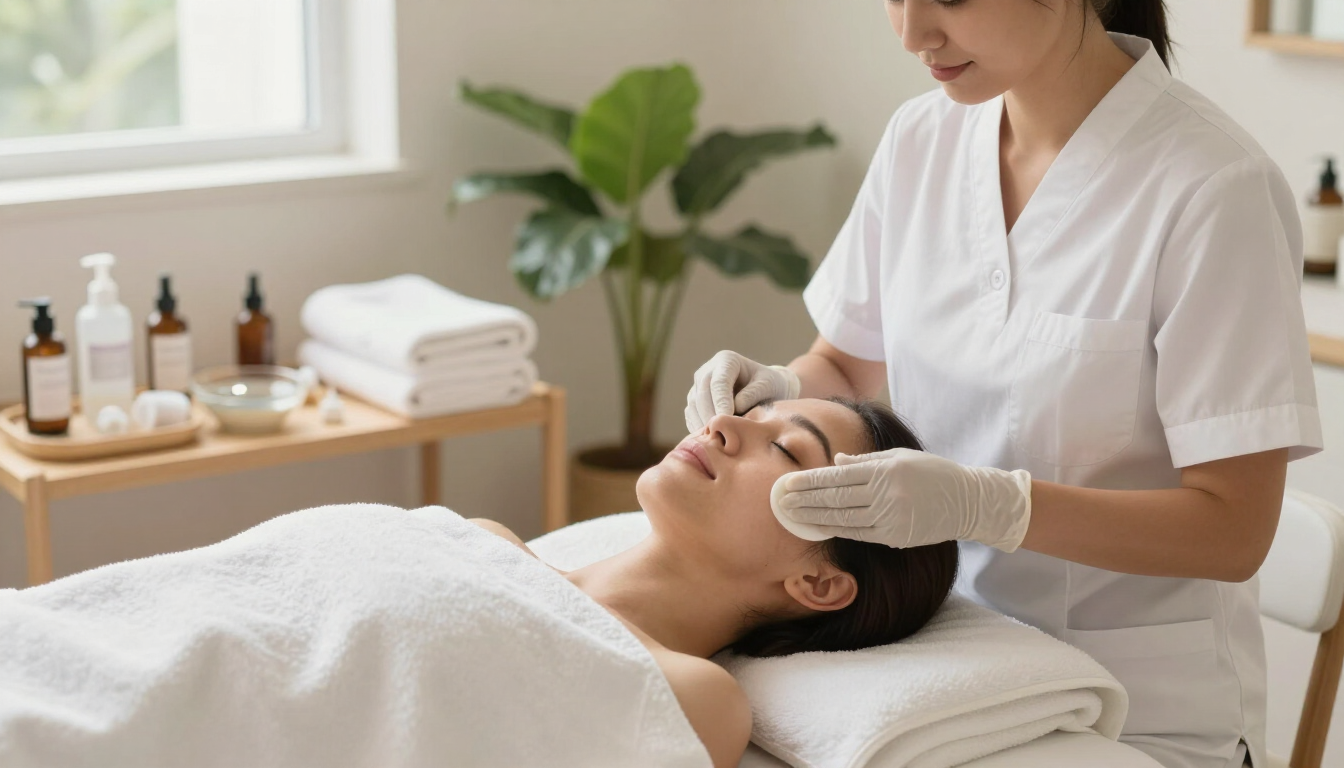 Una terapeuta de spa dando un masaje facial a una clienta tumbada en una camilla