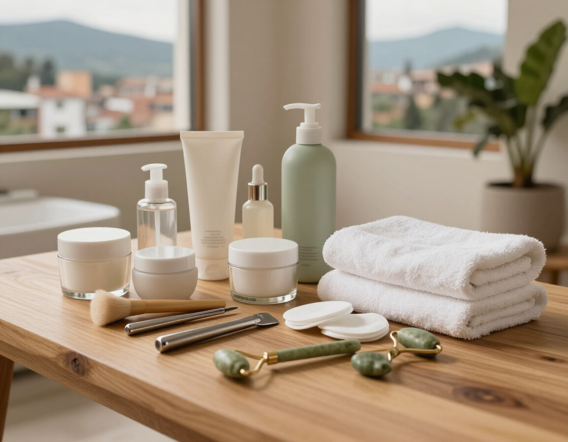 Artículos de aseo de spa y toallas blancas dobladas sobre una mesa de madera junto a una ventana.