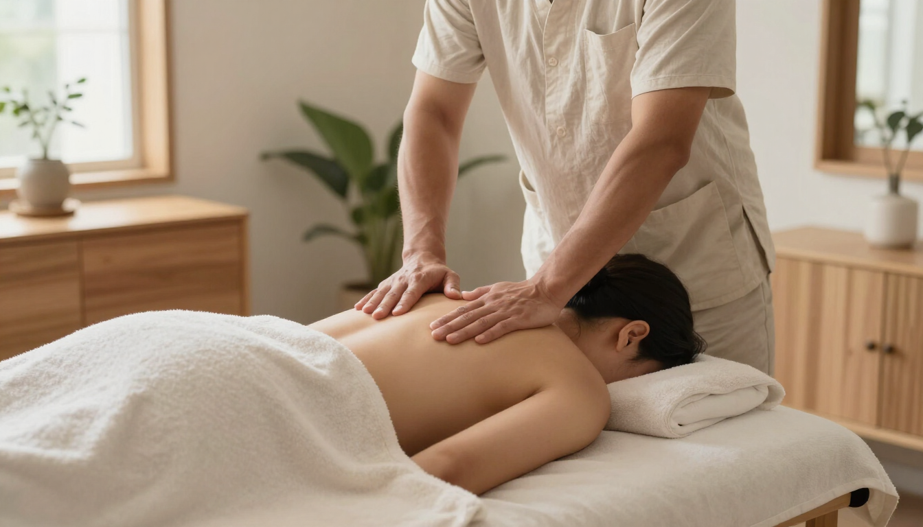 Masajista dando un masaje de espalda a un cliente en una camilla en una sala de spa tranquila