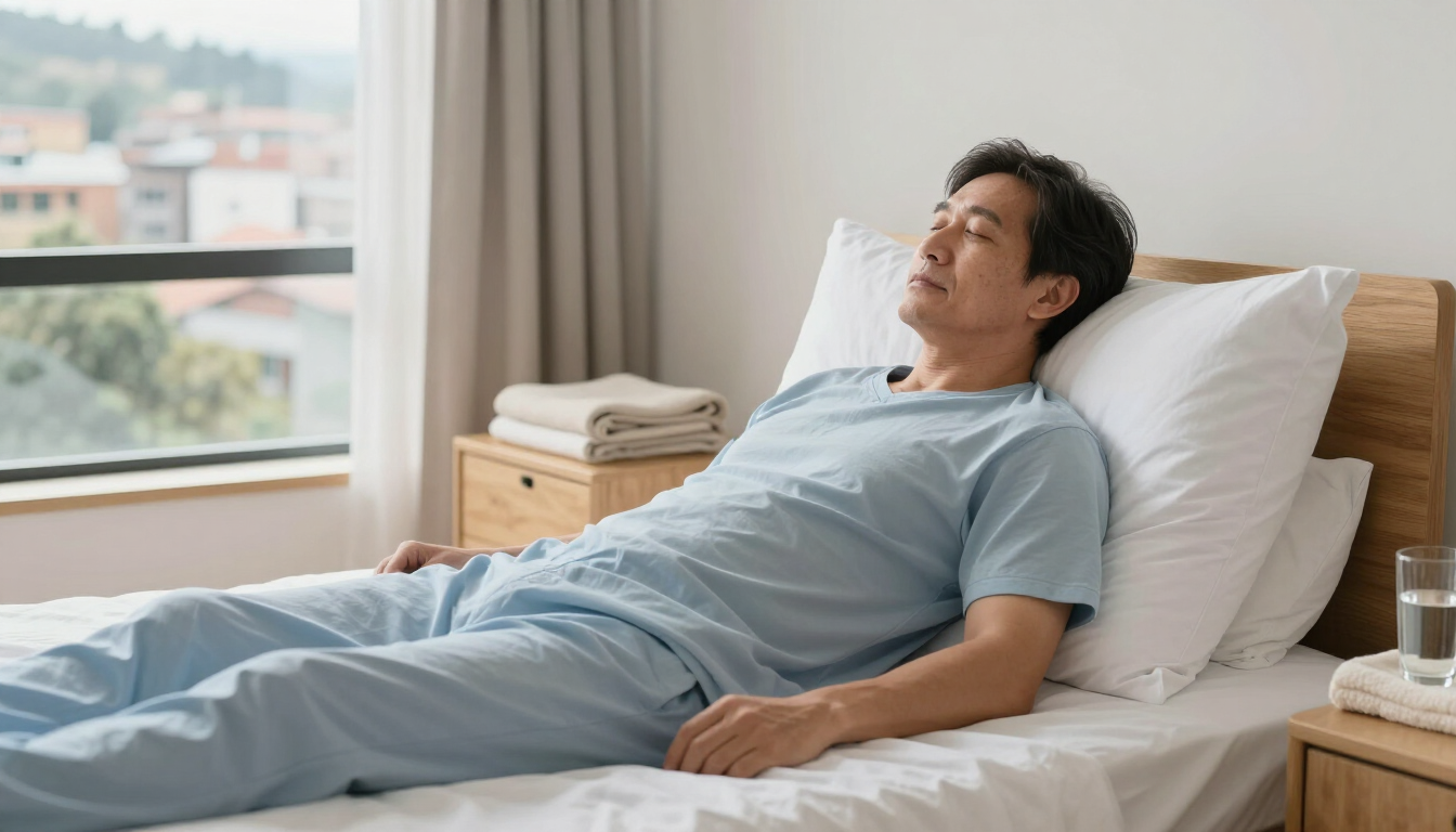 Hombre descansando en una cama blanca junto a una ventana, con los ojos cerrados, en un dormitorio luminoso