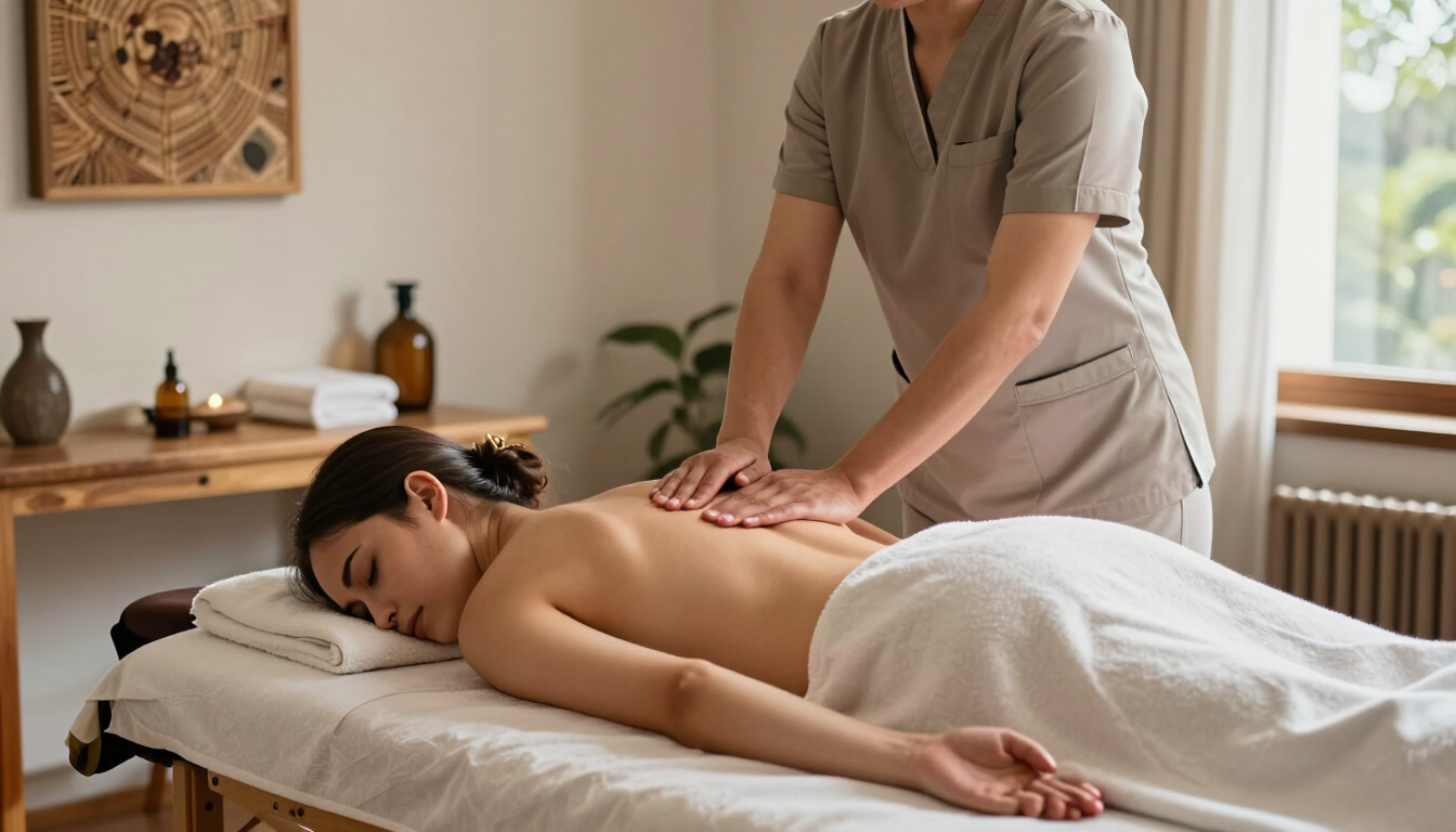 Masajista dando un masaje de espalda a un cliente en una camilla de tratamiento en una sala de spa
