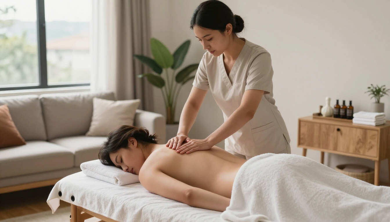 Terapeuta de spa dando un masaje de espalda a un cliente en una camilla, en una sala luminosa