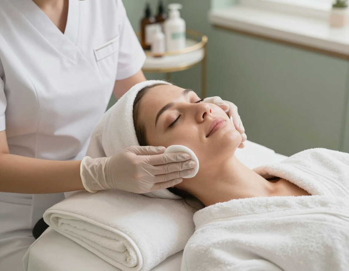 Tratamiento facial en un spa, con una clienta tumbada mientras una esteticista le masajea el rostro