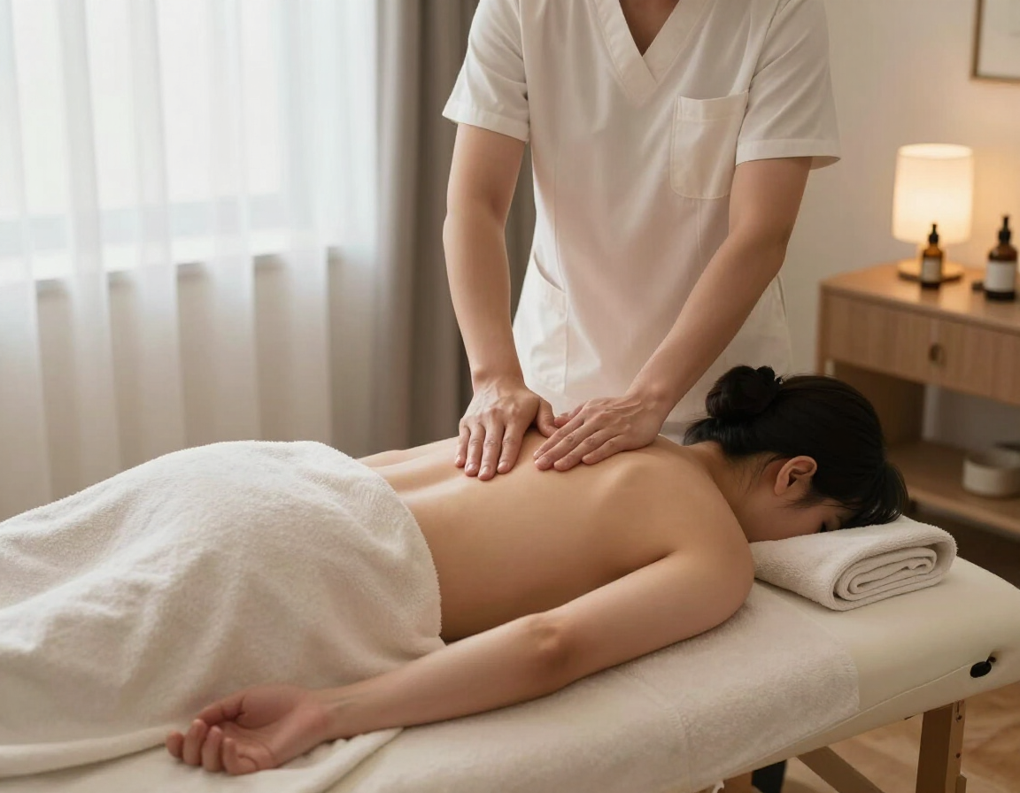 Masajista dando un masaje de espalda a un cliente en una camilla de spa, en una sala tranquila