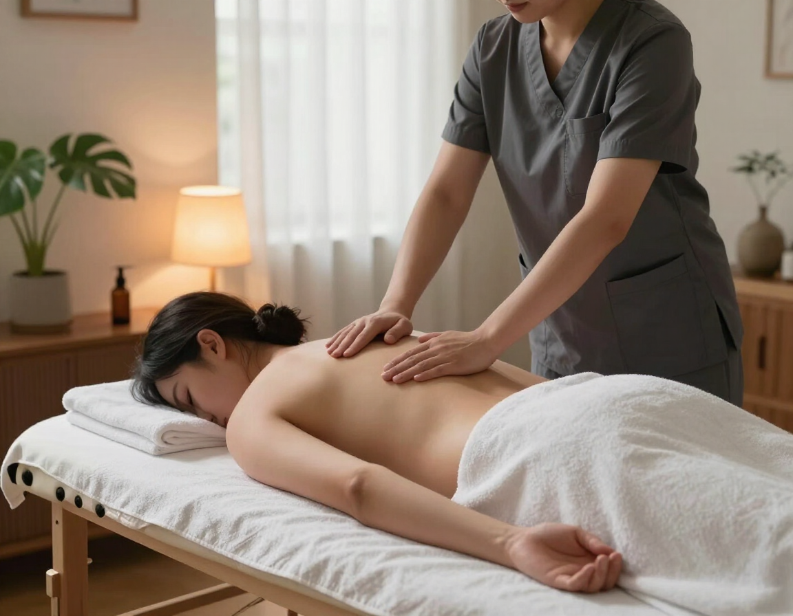 Masajista dando un masaje de espalda en una camilla en una tranquila sala de spa