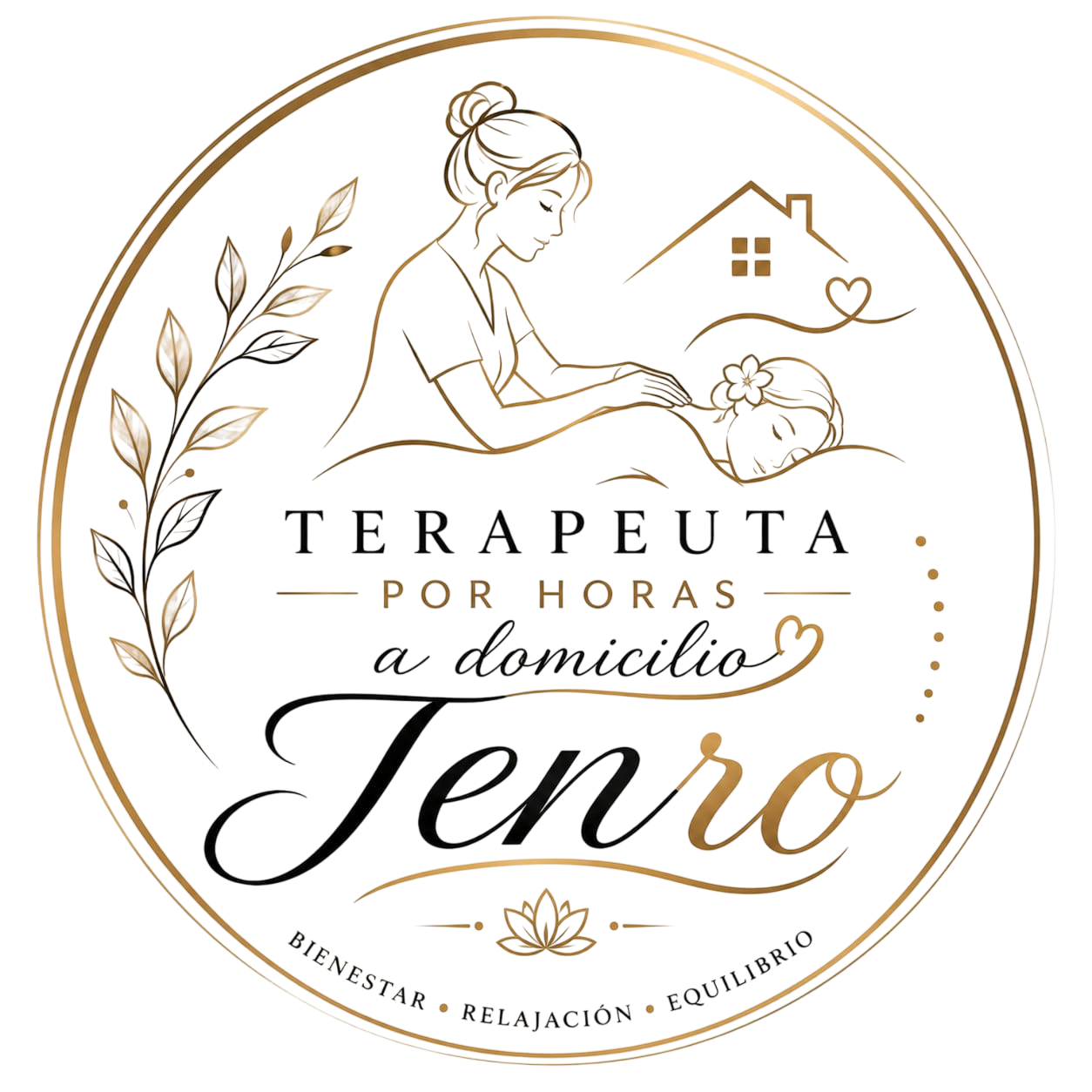 Logotipo en beige y negro para Terapeuta por Horas a Domicilio Jenro, con una terapeuta sentada y una corona de hojas