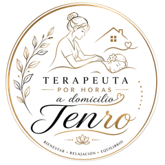 Logotipo en beige y negro para Terapeuta por Horas a Domicilio Jenro, con una terapeuta sentada y una corona de hojas